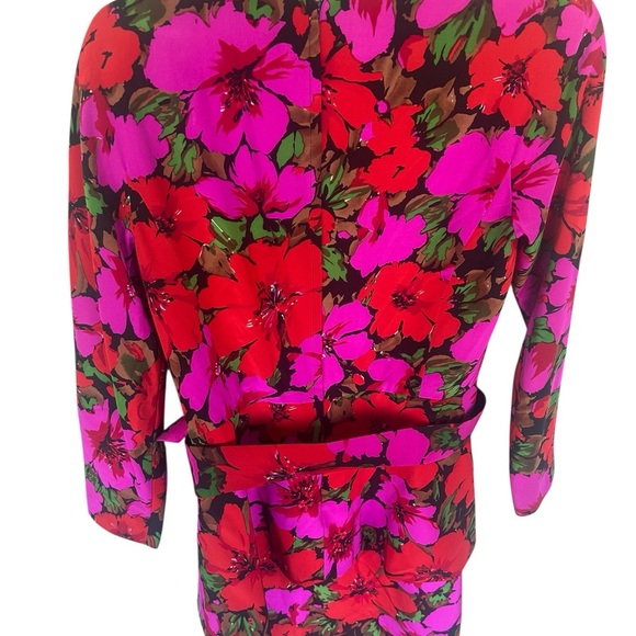 Scaasi Vintage Pink Floral Long Sleeve Layered 100% Silk Mini Dress Size 12 Belt - Picture 2 of 8